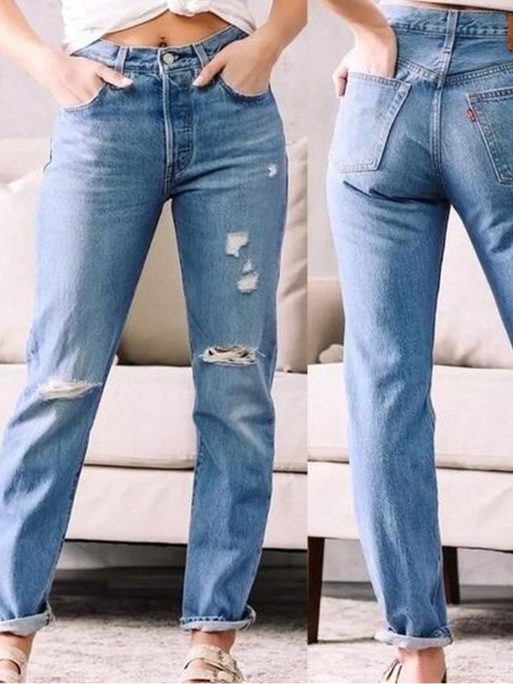 Levi's 501 High Waisted Distressed Jeans